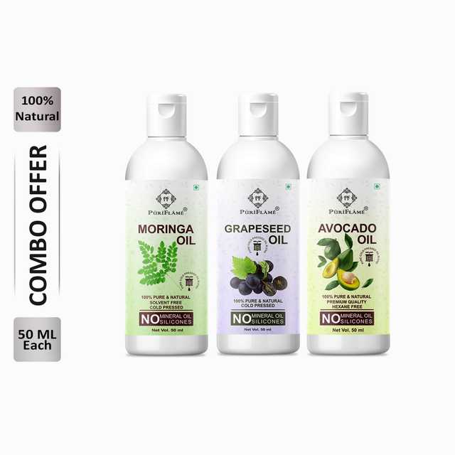 Puriflame Pure Moringa Oil (50 ml), Grapeseed Oil (50 ml) & Avocado Oil (50 ml) Combo for Rapid Hair Growth (Pack Of 3) (B-11792)