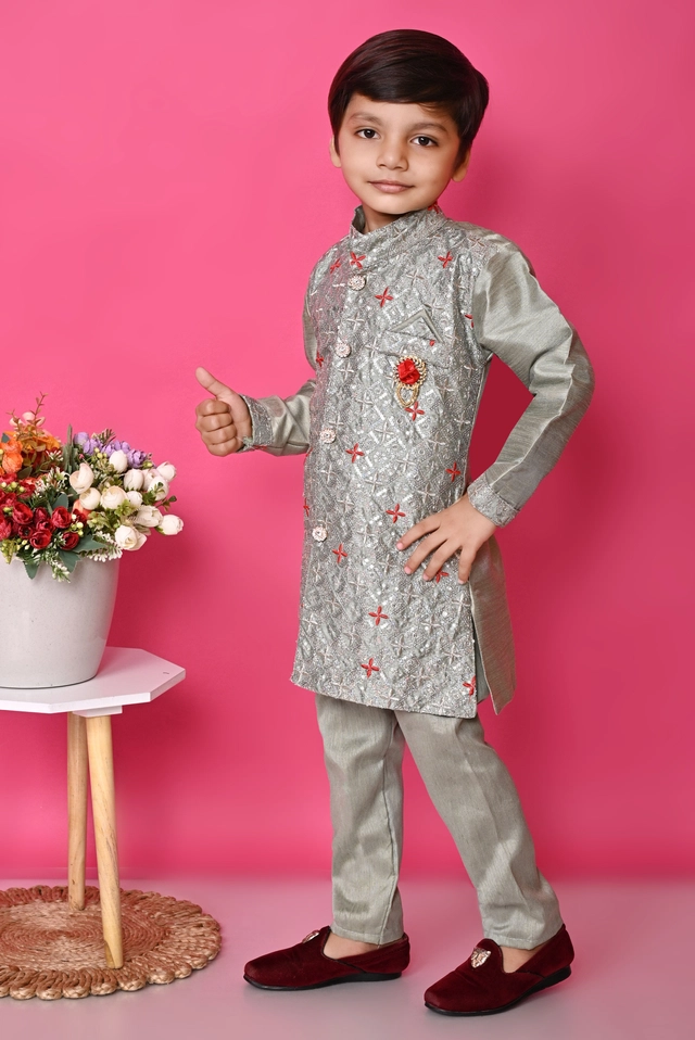 Cotton Blend Embroidered 3 Pcs Sherwani Set for Kids (Grey, 1-2 Years)