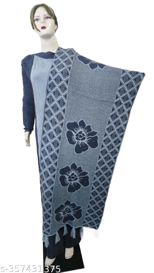 Woolen Printed Kurta with Pant & Dupatta for Women (Grey & Blue, Free Size)