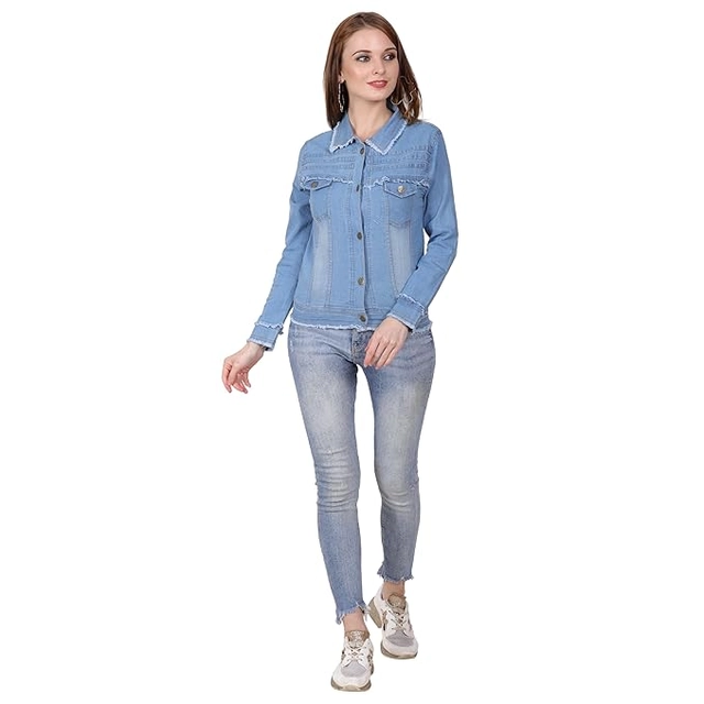 Denim Solid Jacket for Women (Blue, S)