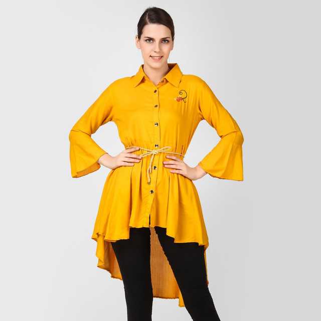 Stylish New Cotton Rayon Blend Women Solid Highlow Dress (Yellow, M) (ITN-113)