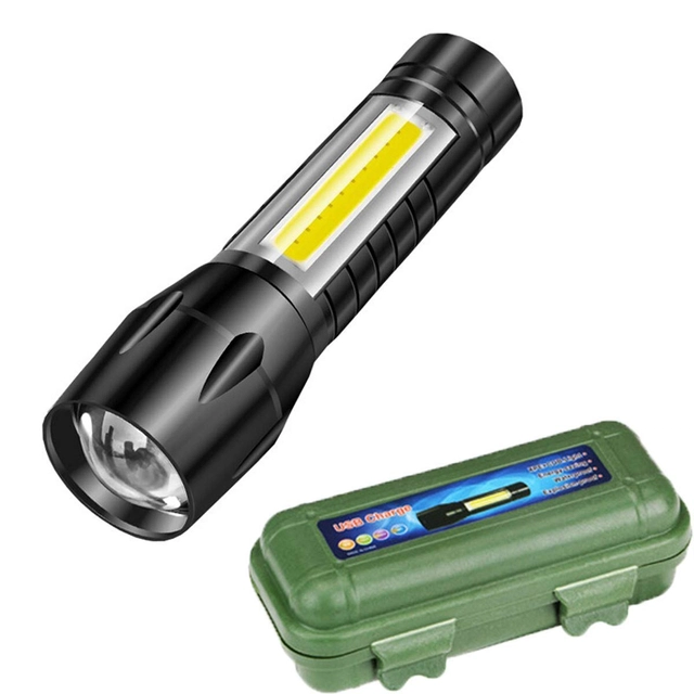 Rechargeable Mini Torch Light with COB Side Lantern (Black)