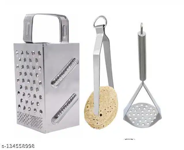 Stainless Steel Vegetable Grater cum Slicer with Cooking Tong & Vegetable Masher (Silver, Set of 3)