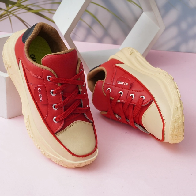 Sneakers for Women (Red & Beige, 3)