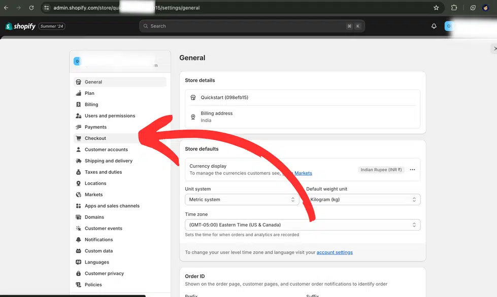 Step 2: On the left side, select 'Checkout'.