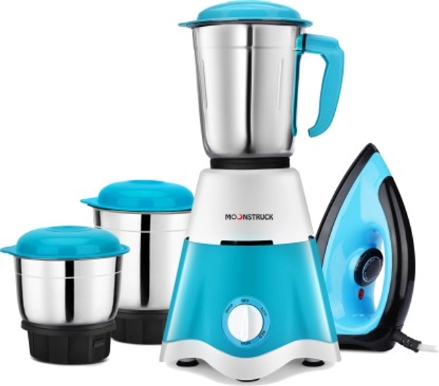 MOONSTRUCK 750 Watt Mixer Grinder (Blue, 3 Jars) & 1100 Watt Dry Iron  (Blue,Black) Super Combo