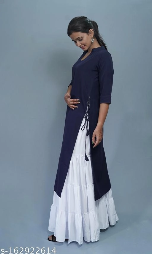 Crepe Solid Kurti with Palazzo for Women (Navy Blue & White, XS)