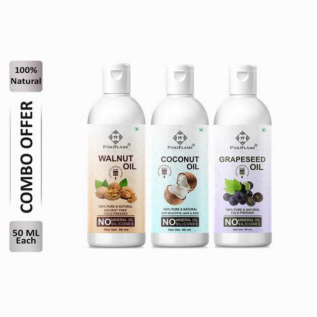 Puriflame Pure Walnut Oil (50 ml), Coconut Oil (50 ml) & Grapeseed Oil (50 ml) Combo for Rapid Hair Growth (Pack Of 3) (B-13905)