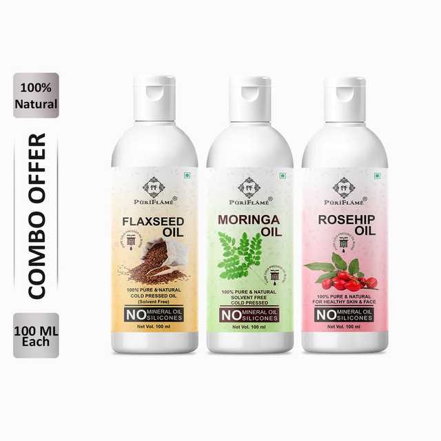 PuriFlame Pure Flaxseed Oil (100 ml) & Moringa Oil (100 ml) & Rosehip Oil (100 ml) Combo For Rapid Hair Growth (Pack Of 3) (B-4173)