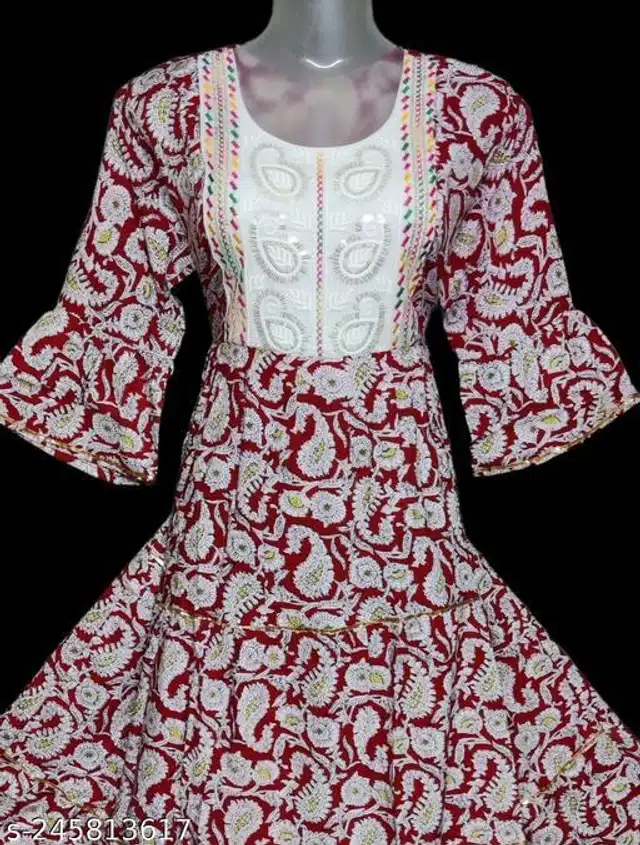 Cotton Blend Printed Gown for Women (Maroon & White, XL)