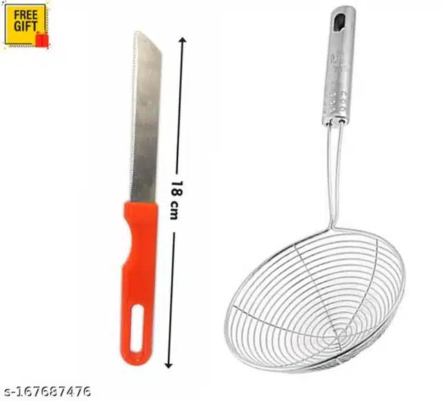 Stainless Steel Kitchen Knife with Deep Frying Strainer (Red & Silver, Set of 2)