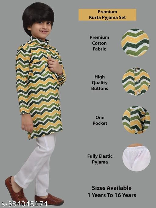 Cotton Blend Kurta with Pyjama for Boys (Yellow & White, 1-2 Years)