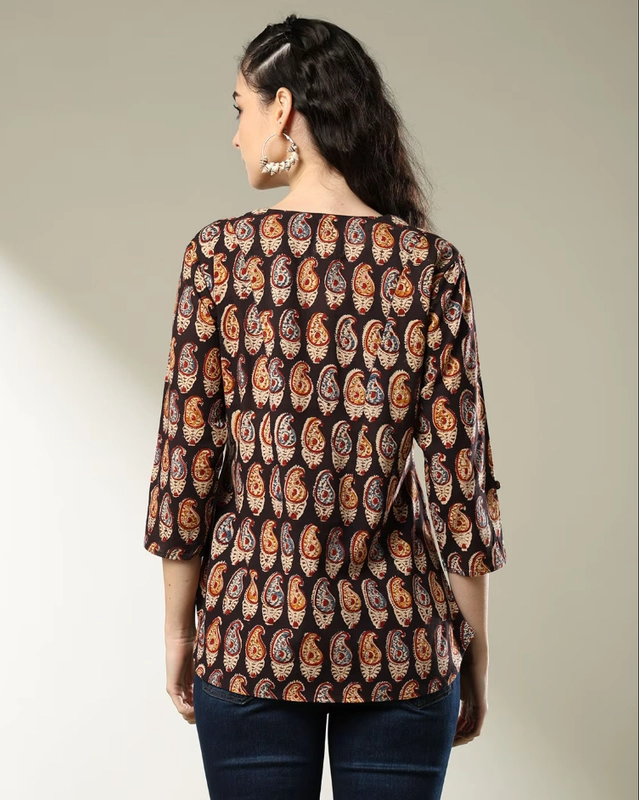 Cotton Embroidered Top for Women (Black & Brown, S)