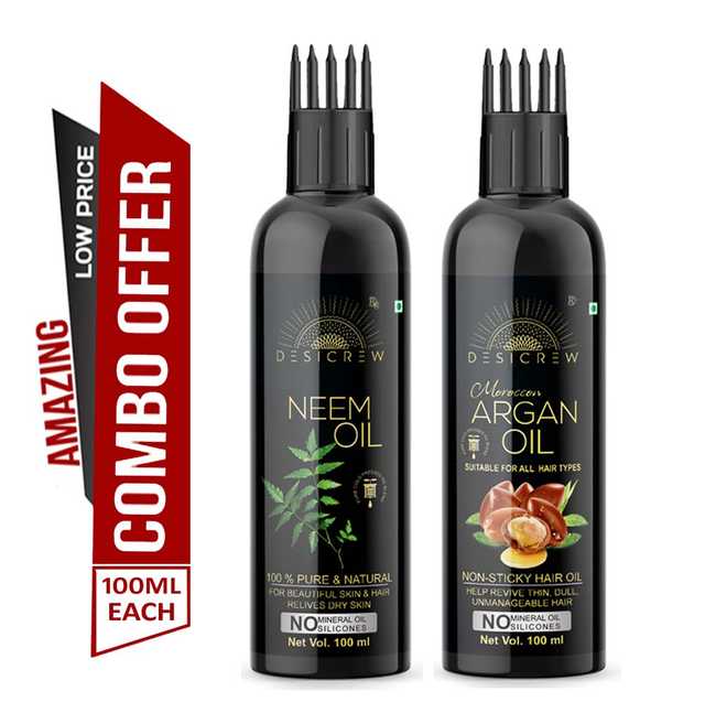 Desi Crew Pure Neem Oil & Morocan Argan Oil For Skin, Body & Hair Care (Pack Of 2, 100 ml) (KGE-246)