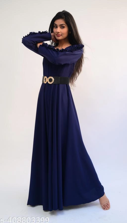 Crepe Solid Gown for Women (Navy Blue, XS)