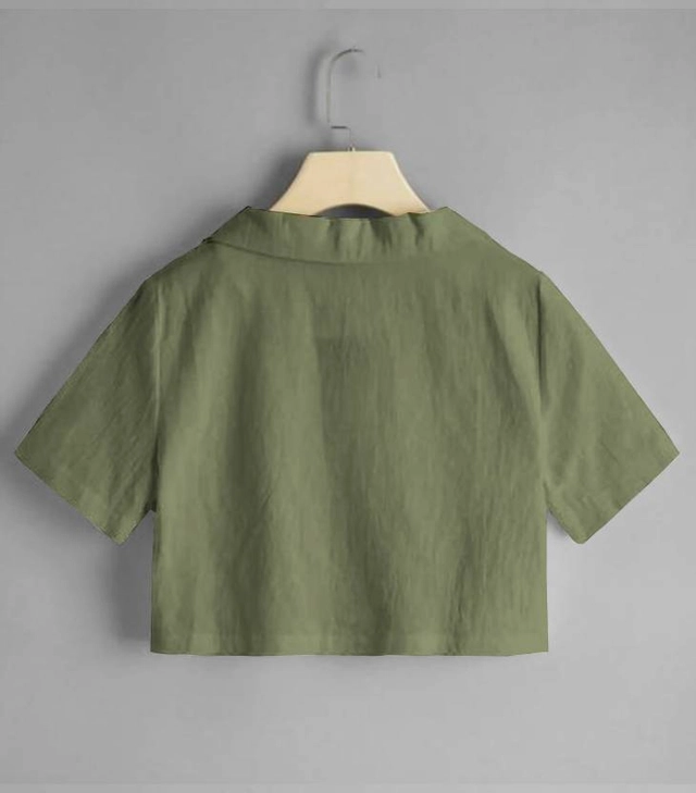 Half Sleeves Solid Crop Shirt for Women (Olive, S)