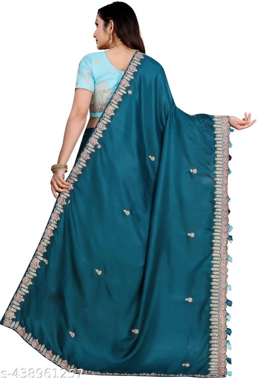 Satin Embroidered Saree for Women (Teal, 6.3 m)