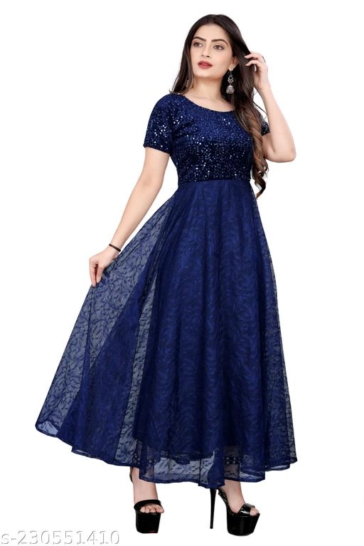 Georgette Embellished Gown for Women (Blue, S)