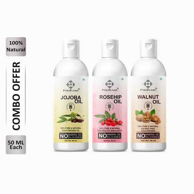 Puriflame Pure Jojoba Oil (50 ml), Rosehip Oil (50 ml) & Walnut Oil (50 ml) Combo for Rapid Hair Growth (Pack Of 3) (B-11619)