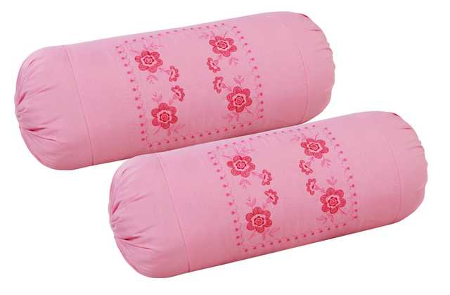 Embroidery Cotton Bloster Cover Pillow Cover (Pink, 16x32inch) (Set Of 2 Pc)