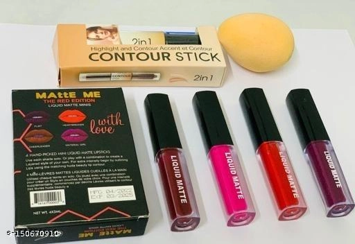 Combo of 2 in 1 Contour Stick with 4 Pcs Liquid Lipstick & Makeup Blender (Multicolor, Set of 6)