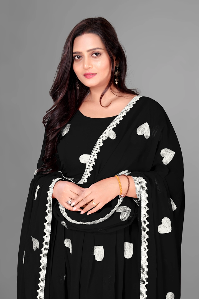 Georgette Ethnic Motif Gown with Dupatta for Women (Black & White, S)