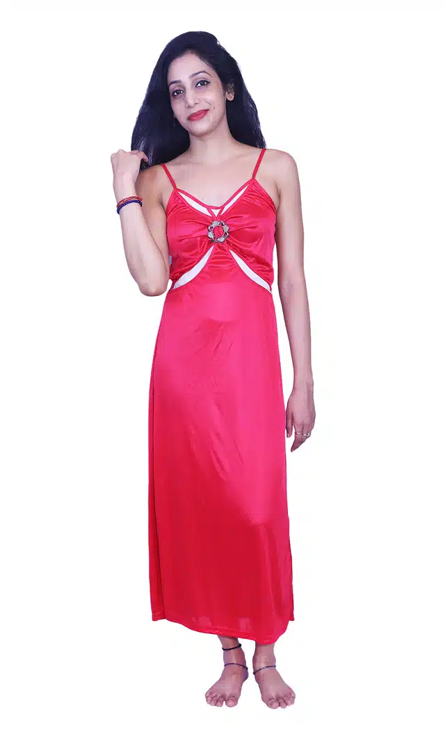 Satin Self Design Night Dress for Women (Red, Free Size)