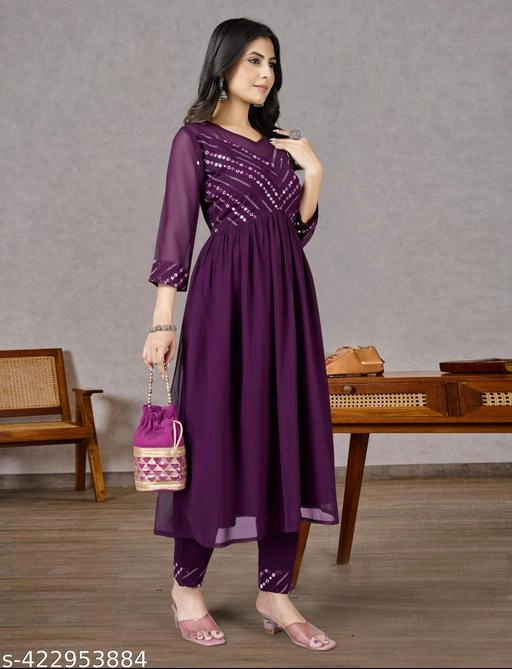 Georgette Embroidered Anarkali Kurti with Pant for Women (Purple, S)