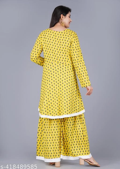 Rayon Printed Kurti with Palazzo for Women (Yellow, M)