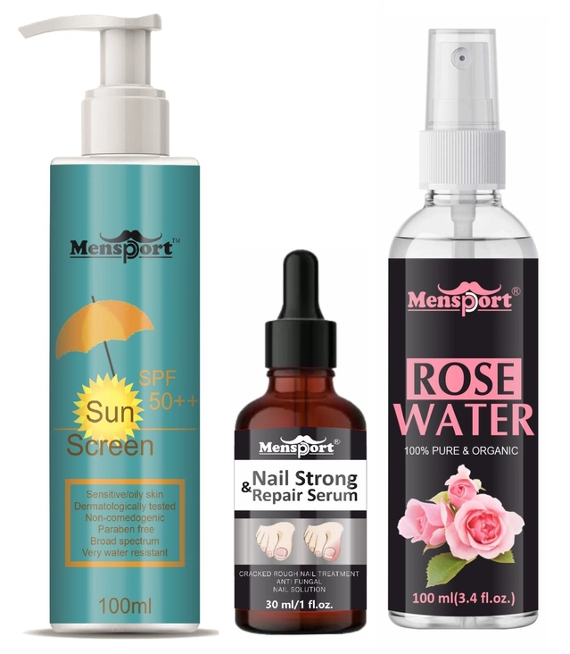 Mensport Broad Spectrum SPF Sunscreen Lotion (100 ml) with Nail Strong & Repair Serum (30 ml), Natural Rose Water (100 ml) (Set of 3)