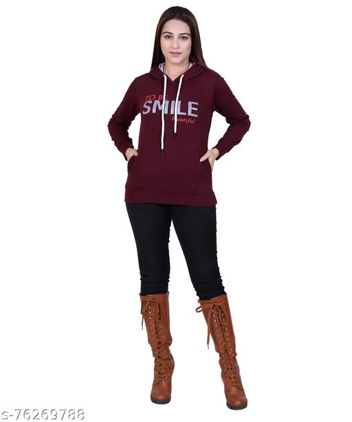 Cotton Blend Printed Hoodie for Women (Maroon, M)