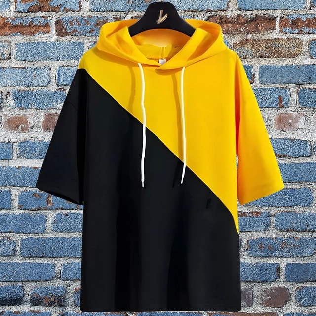 Cotton Blend Colorblocked Hoodie for Men (Yellow & Black, S)