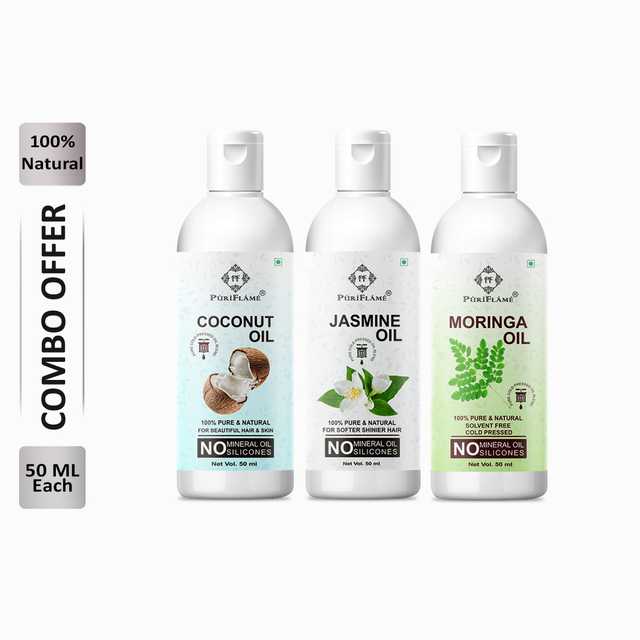 Puriflame Pure Coconut Oil (50 ml), Jasmine Oil (50 ml) & Moringa Oil ( 50 ml) Combo for Rapid Hair Growth (Pack Of 3) (B-10269)