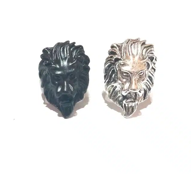 Stainless Steel Roaring Lion Head Rings for Men (Multicolor, Pack of 2)