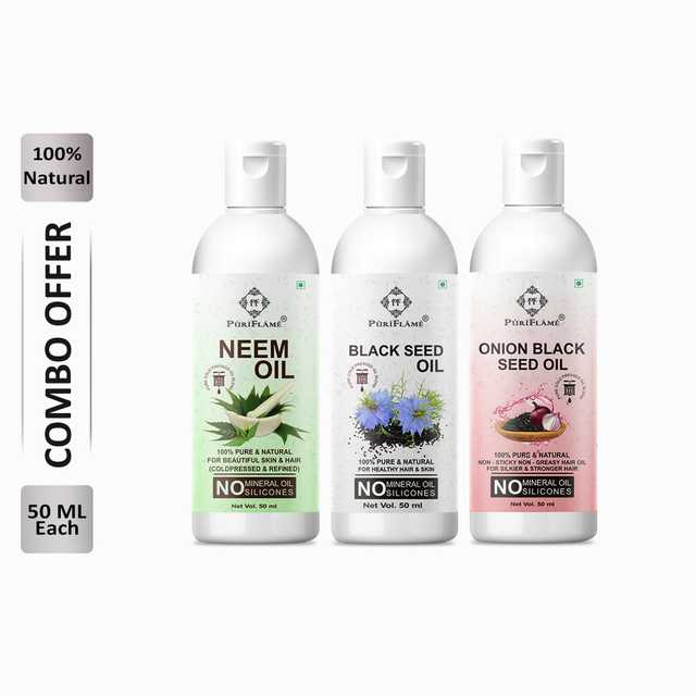 Puriflame Pure Neem Oil (50 ml), Black Seed Oil (50 ml) & Onion Black Seed Oil (50 ml) Combo for Rapid Hair Growth (Pack Of 3) (B-12040)