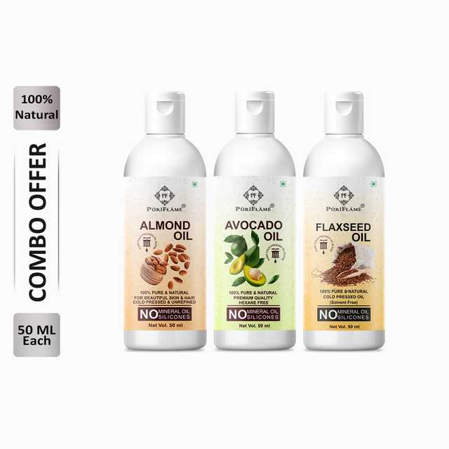 Puriflame Pure Almond Oil (50 ml), Avocado Oil (50 ml) & Flaxseed Oil (50 ml) Combo for Rapid Hair Growth (Pack Of 3) (B-8616)