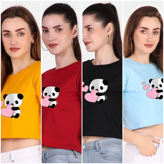 Round Neck Printed Crop T-Shirts for Women & Girls (Multicolor, S) (Pack of 4)