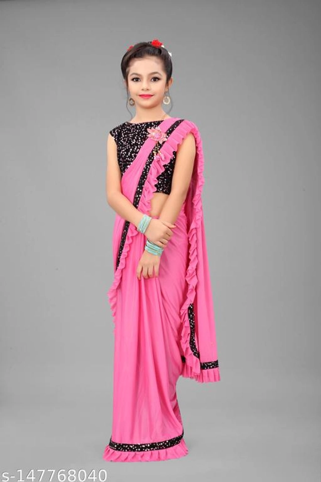 Solid Fancy Saree for Girls with Blouse (Pink, 3-4 Years)