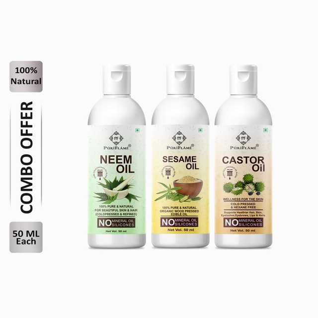 Puriflame Pure Neem Oil (50 ml), Sesame Oil (50 ml) & Castor Oil (50 ml) Combo for Rapid Hair Growth (Pack of 3) (B-12237)