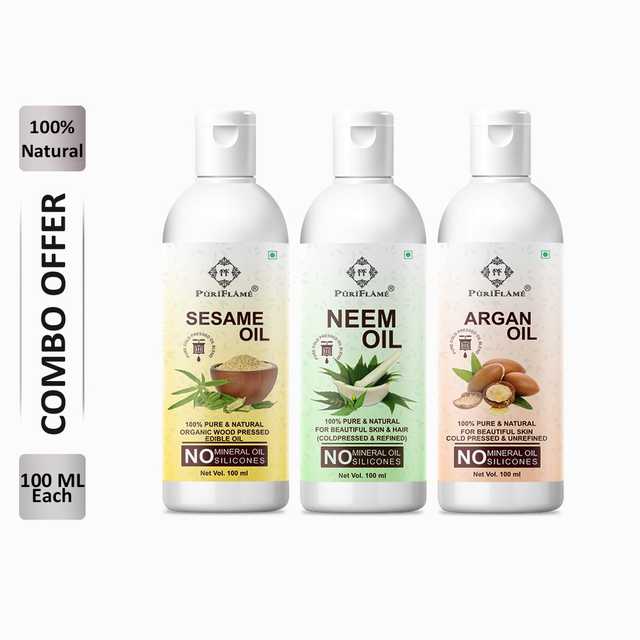 PuriFlame Pure Sesame Oil (100 ml) & Neem Oil (100 ml) & Argan Oil (100 ml) Combo For Rapid Hair Growth (Pack Of 3) (B-7615)