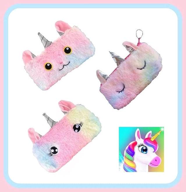 MINDFIT RVN Premium Unicorn Feather Fur Pencil Case Pouch for Girls & Kids (Multicolor,Pack of 1)