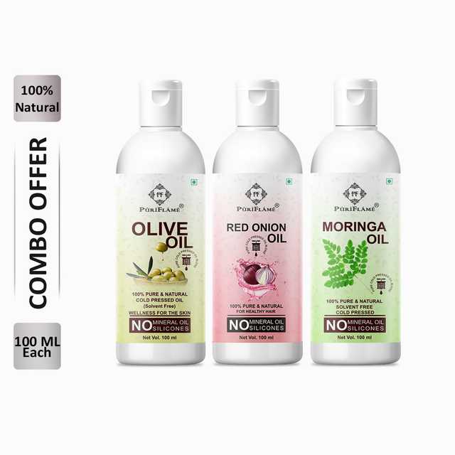PuriFlame Pure Olive Oil (100 ml) & Red Onion Oil (100 ml) & Moringa Oil (100 ml) Combo For Rapid Hair Growth (Pack Of 3) (B-6293)
