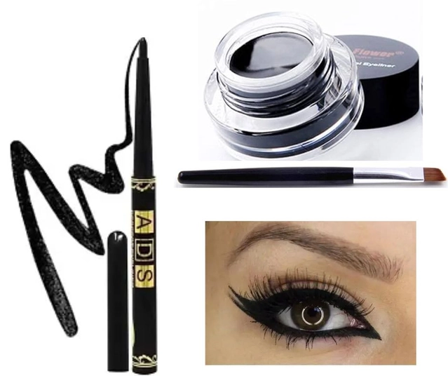 Combo of ADS Kajal & Musk Flower Waterproof Eyeliner Gel with Brush (Black, Set of 2)