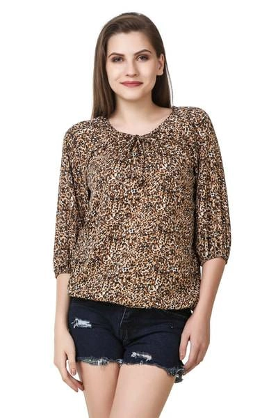 Cotton Printed Top for Women (Brown, S)