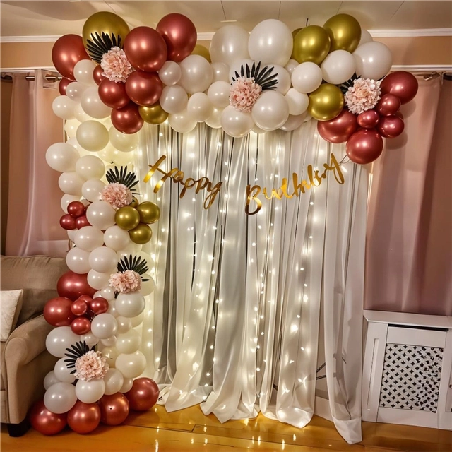 White Net Cloth Curtain For Cabana| Canopy | Birthday Decoration Items with Burgandy white golden balloons, led fairy light, birthday banner and double tape for boys, girls, husband, wife backdrop/ photoshoot party decoration (Kit 29pcs )