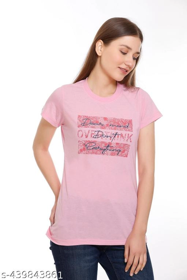 Round Neck Printed T-Shirt for Women (Pink, L)