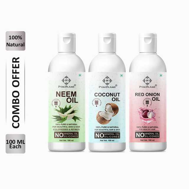 PuriFlame Pure Neem Oil (100 ml) & Coconut Oil (100 ml) & Red Onion Oil (100 ml) Combo For Rapid Hair Growth (Pack Of 3) (B-5809)