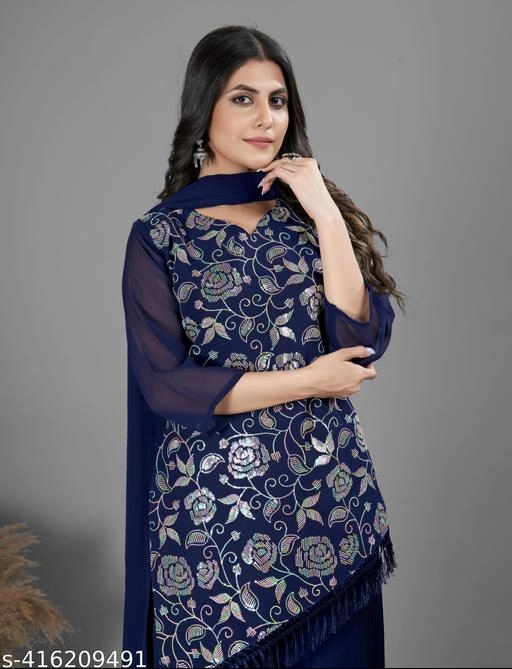 Georgette Embroidered Kurti with Sharara & Dupatta for Women (Navy Blue, S)