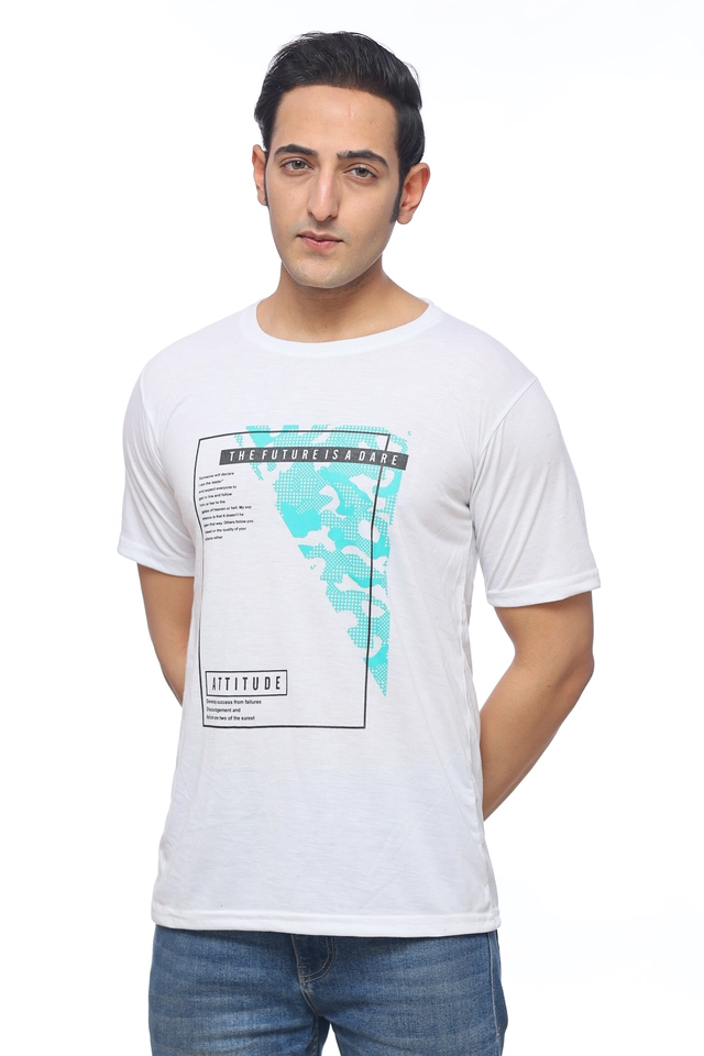 Round Neck Printed T-Shirt for Men (White, M)