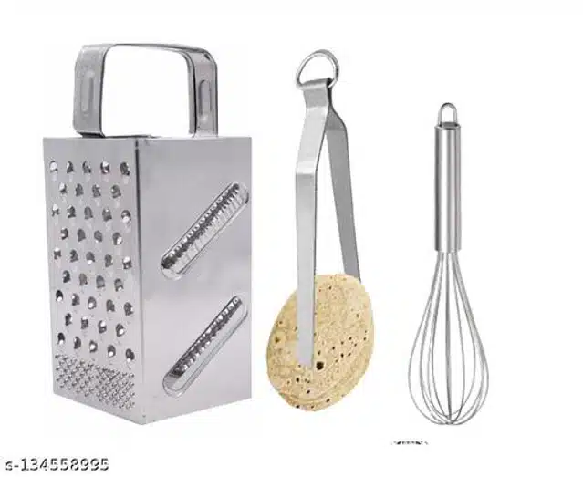 Stainless Steel Whisk with Vegetable Grater cum Slicer & Cooking Tong (Silver, Set of 3)